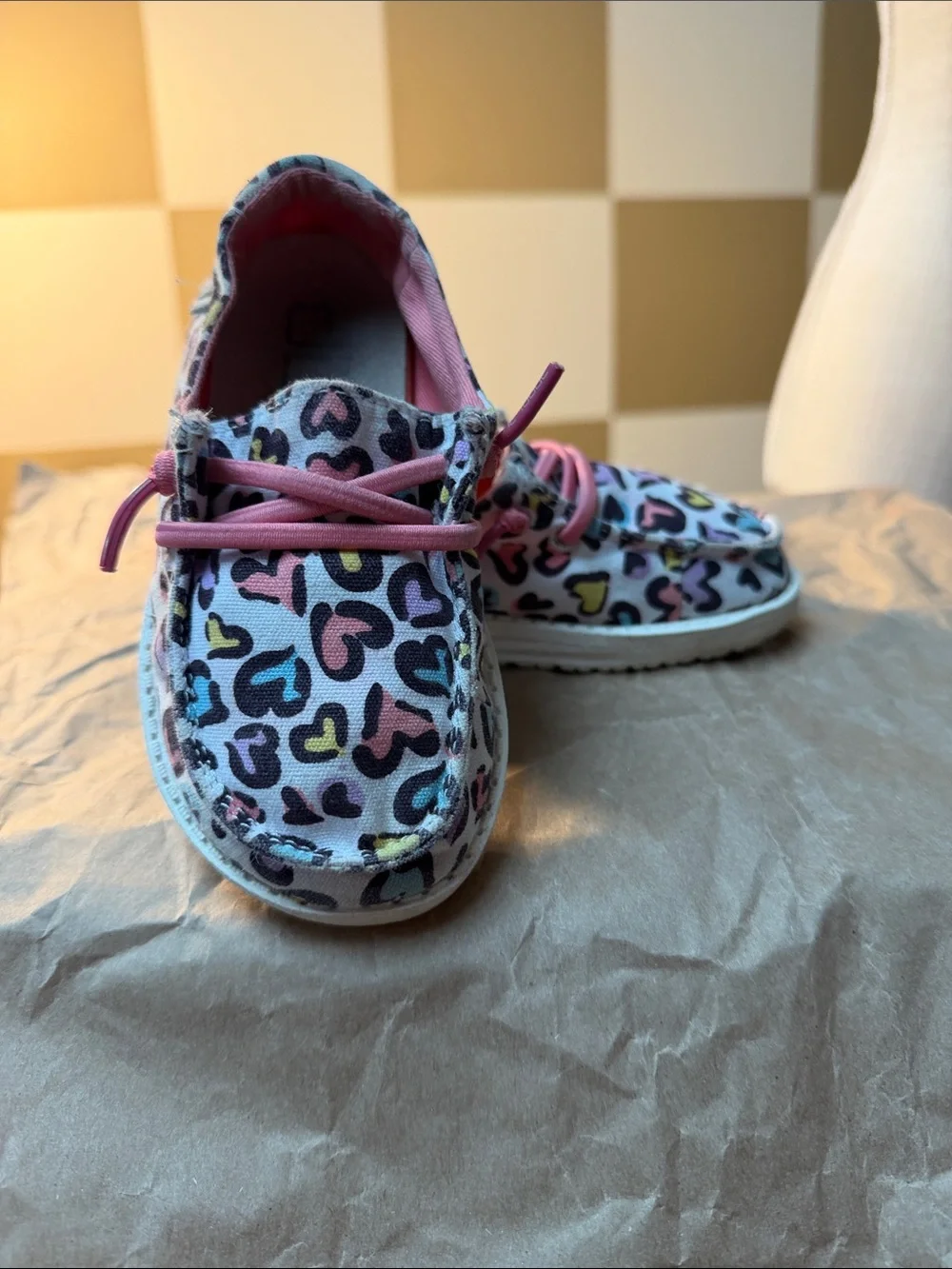Hey Dude Kids Heart Pattern Canvas Shoes in Pink, Blue, Yellow, Black